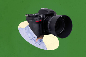 Composite collage picture of person photo camera instead head isolated on creative green background