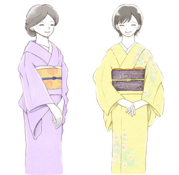 満面の微笑みを浮かべる着物を着た女性2人セットイラスト