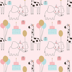 Vector seamless pattern with animals, gifts, balloons and cake. Happy birthday illustration. Ideal for printing on paper, textile and scrapbooking. EPS