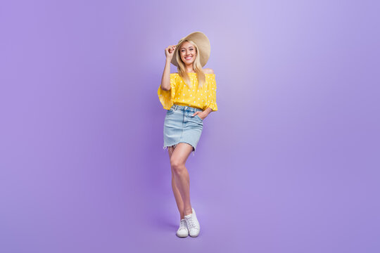 Full size photo of elegant adorable lady posing on camera enjoy summer holiday isolated on violet color background
