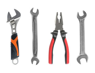 Set of different construction tools on white background