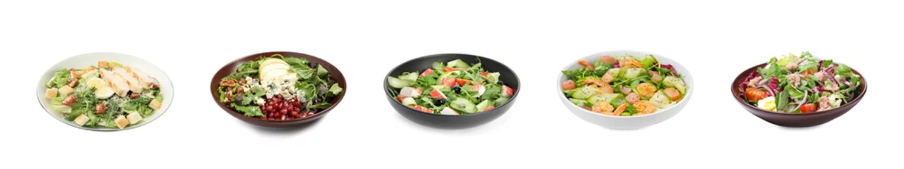 Photo sur Plexiglas Légumes frais Set with different tasty salads on white background. Banner design