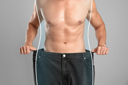 Closeup view of man with slim body in oversized jeans on grey background. Weight loss