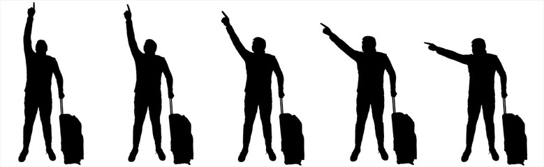 A man stands straight with a suitcase on wheels, luggage. Full face. The guy points his finger up, around. Character set, suitable for motion animation. Five black male silhouettes isolated on white