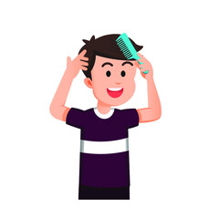 handsome boy is brushing his hair with a comb