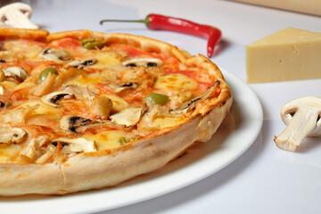 Tasty pizza with cooking ingredients and kitchen tools
on white background.