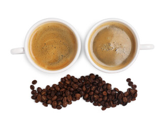 Face made with cups of coffee as eyes and beans as mustache on white background, top view