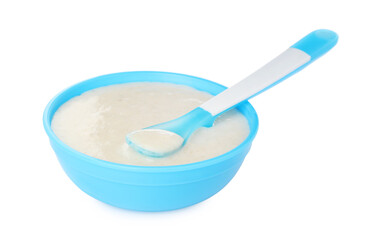 Healthy baby food in bowl on white background