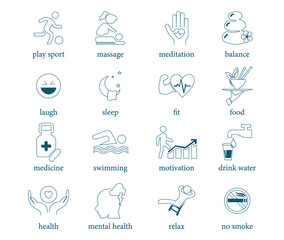 wellness icon set vector Play sport, massage, meditation, balance, laugh, sleep, fitness, food,medicine, medicine, swimming, meditation, drink water, health, mental health, relax, no smoke 