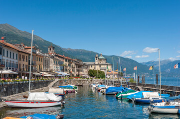 Port and historic house facades in Cannobio on Lake Maggiore in Northern Italy