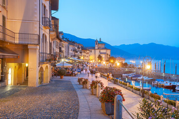 Promenade with historic house facades in Cannobio in Piedmont in Italy