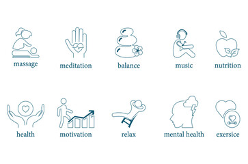 Massage, meditation, balance, music, nutrition, health, motivation, relax, mental health, exercise icon set vector illustration 