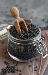 Fototapeta na wymiar Glass jar of dry black lentils beans with a scoop on grey table close up, healthy protein diet