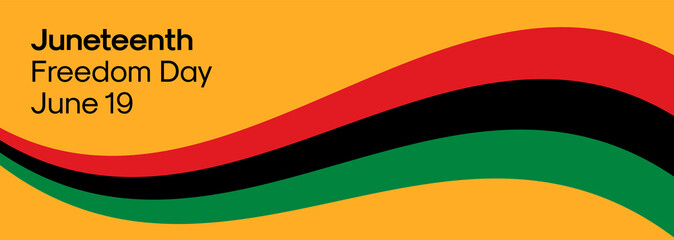Juneteenth Freedom Day Banner. Vector Web Banner Design Template for Juneteenth Emancipation Day. Pan-African Flag Illustration isolated on Orange Background with 'Juneteeth Freedom Day' Text. 