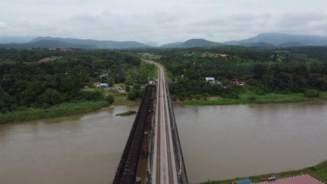 Aerial view old Victoria Bridge and new railway cross Sungai Perak