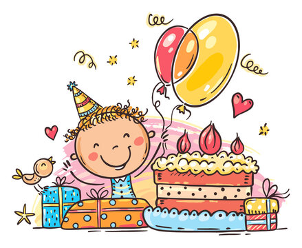 Illustration of child's birthday with gifts and birthday cake