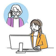 シニア女性と電話で話すオペレーターの女性のシンプルイラスト