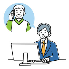 シニア男性と電話で話すオペレーターの男性のシンプルイラスト