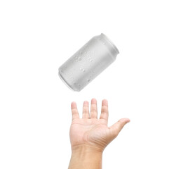 Soft drink cans and men's hand on white background.