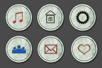 Set of Social icons on a round stone. Isolated on a gray background. Social media. Design