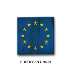 European Union flag on a wooden block. Isolated on white background. Signs and symbols.