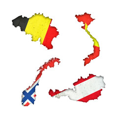 Set, Flags of Belgium, Vietnam, Norway, and Austria in the form of a map. Shadow. Isolated on white background. Signs and symbols. Design element.