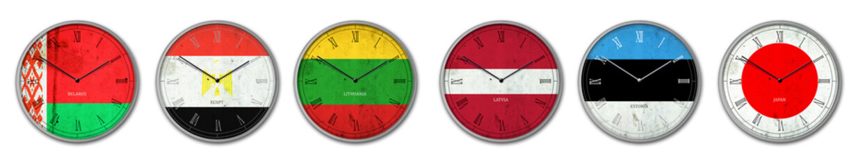 Set, Wall clock in the color of Belarus, Egypt, Lithuania, Latvia, Estonia, and Japan flags. Signs and symbols. Isolated on a white background. Design