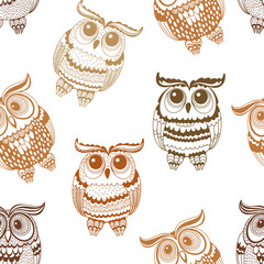 Seamless pattern with cartoon owls. Hand-drawn vector illustration on white. Animal art background. Perfect for design templates, wallpaper, wrapping, fabric and textile. Perfect for nursery .