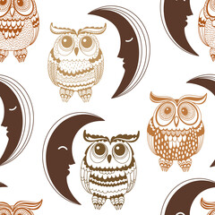 Cartoon owls and  moon. Seamless vector pattern on white. Animal art background. Perfect for design templates, wallpaper, wrapping, fabric and textile. Perfect for nursery .