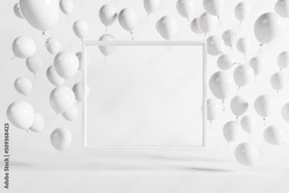 Poster outstanding white balloons floating behind white frame with white color background for copy space. 3