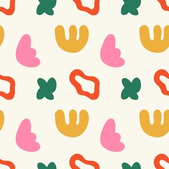 Hand drawn. Various colorful shapes and doodles. Abstract modern trendy vector illustration. Bright seamless pattern. Wallpaper, Textile print.