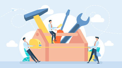 Tiny characters use the tool. Workman's toolkit. Toolbox with instruments inside. Tool chest with hand tools. Set building tools repair. Hammer, screwdriver, tape measure. Business illustration