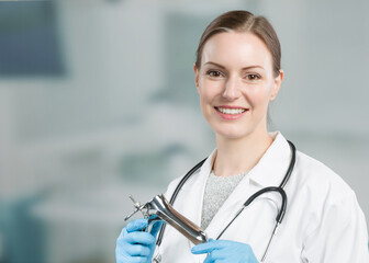 smiling female gynecologist with a speculum in her hand