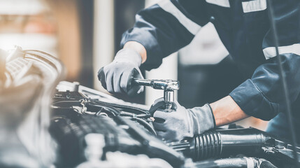 Mechanic works on the engine of the car in the garage. Repair se