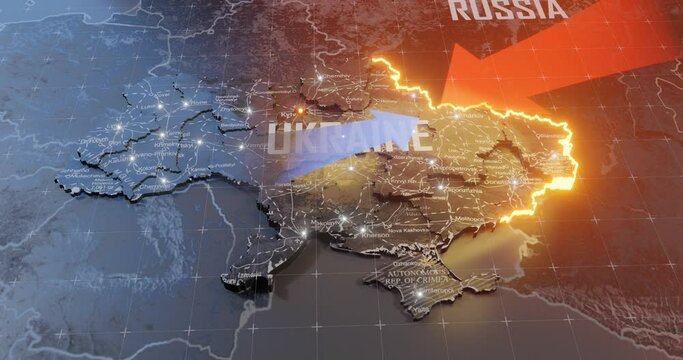 Military conflict between Ukraine and Russia. Concept map of war. cartography design. 3d render Animation