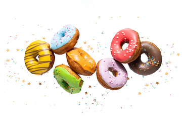 Donuts and confectionery topping flying over white background.