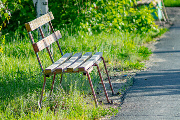 A wooden bench standing on the street of a provincial town surrounded by green vegetation. Close-up. Soft focus