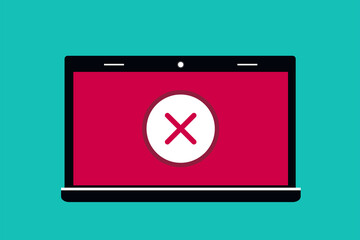 Laptop with a cross, Negative answer. Flat vector illustration isolated on color background.