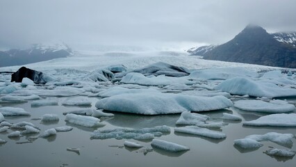 Fototapeta na wymiar Gletscher Fjord und Gletscher Lagune. Kleine Eisstücke und riesige Eisberge - alles mit bewölktem Himmel.