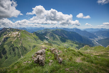 Beautiful nature. Mountain hiking Trail Road. Italy Lago Avostanis Casera Pramosio Alta