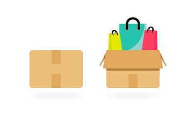 Shopping bag inside package colored vector illustration isolated on white background EPS 10. Delivery concept icon. Flat, box symbol, sign for: infographic, logo, app, banner, web design, dev, ui.