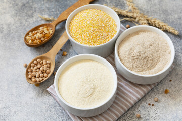 Food and baking gluten free ingredient. Cereals and flours coarse, corn flour, buckwheat flour,...