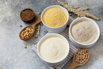 Food and baking gluten free ingredient. Cereals and flours coarse, corn flour, buckwheat flour,...