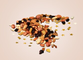 Collections Muslim food, holiday concept. Stack of nuts and dried fruits.