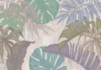 Tropical seamless wallpaper from banana leaves in colorful and multicolor colors. Jungle, and Jungalow Style. Vintage style old engraving	