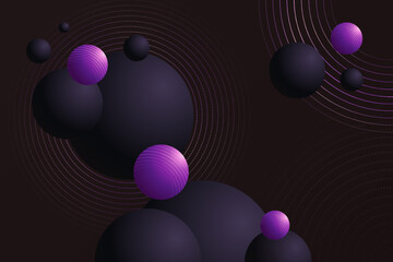 Violet disco balls composition design background. Purple volume sphere with rounded glitter effect