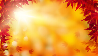 Autumn nature foliage leaves background with fall red leaves border, golden bokeh and copy space.