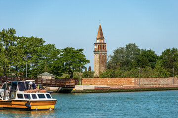 Mazzorbo Island view from Burano. Ancient bell tower (1318) of the church of San Michele Arcangelo, now demolished. Venetian lagoon, Venice, UNESCO world heritage site, Veneto, Italy, Europe.