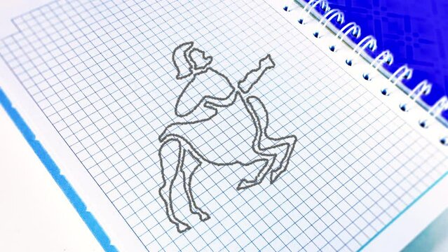 The zodiac sign Sagittarius to the horoscope is drawn using pencil lines on a paper notebook in a cage. The zodiac sign is gradually drawn with a pencil along the contour, and then painted over.