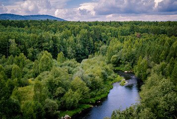 Fototapeta na wymiar Beautiful view from above to river and green forest with cloudy sky